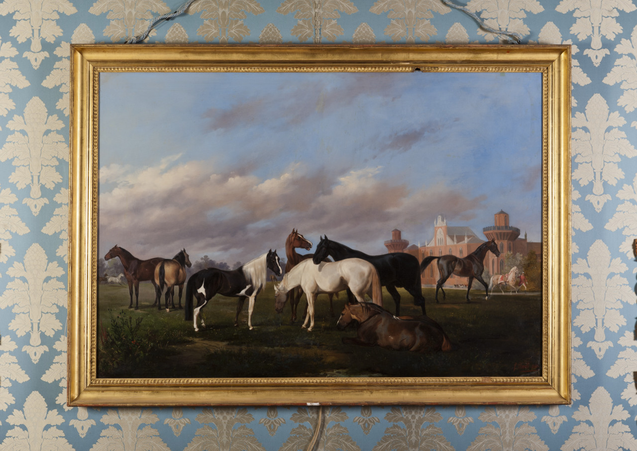 Cavalli al pascolo, Cavalli davanti alla Margaria di Racconigi (dipinto, opera isolata) di Felice Cerruti Bauduc (secondo quarto sec. XIX)