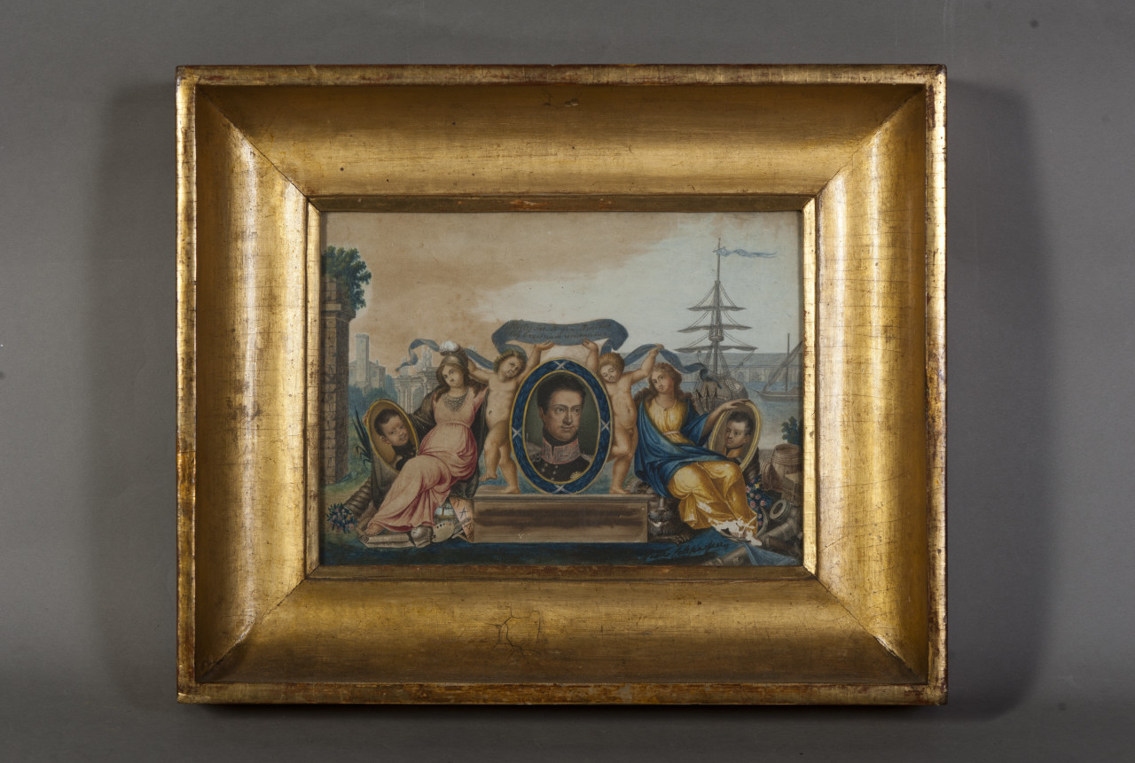 Allegoria del re Carlo Alberto di Savoia Carignano con i figli Ferdinando e Vittorio Emanuele II (dipinto, opera isolata) di Celesia Pietro (secondo quarto sec. XIX)