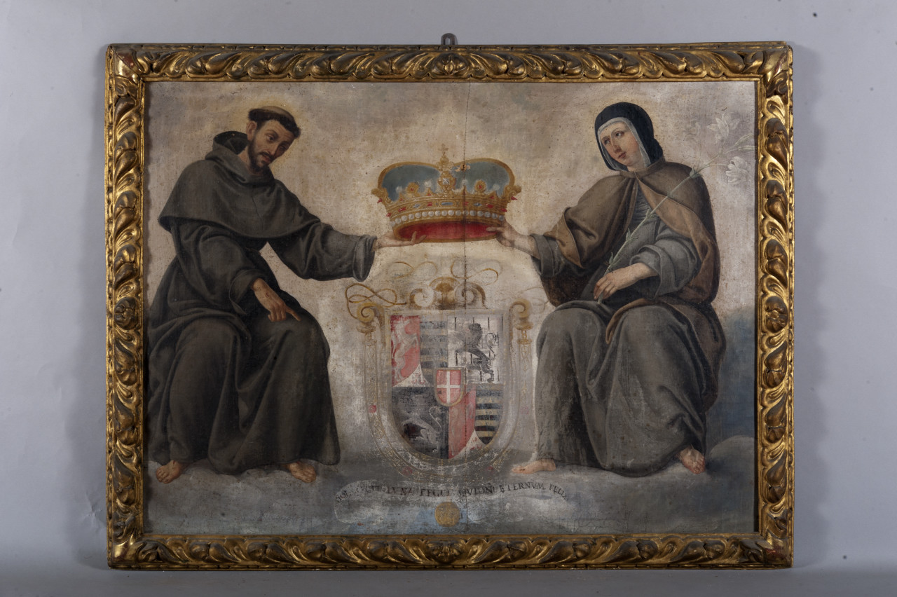 San Francesco d’Assisi e Santa Chiara con stemma di Savoia (dipinto, opera isolata) - ambito piemontese (fine/ inizio seco. XVI/ XVII)