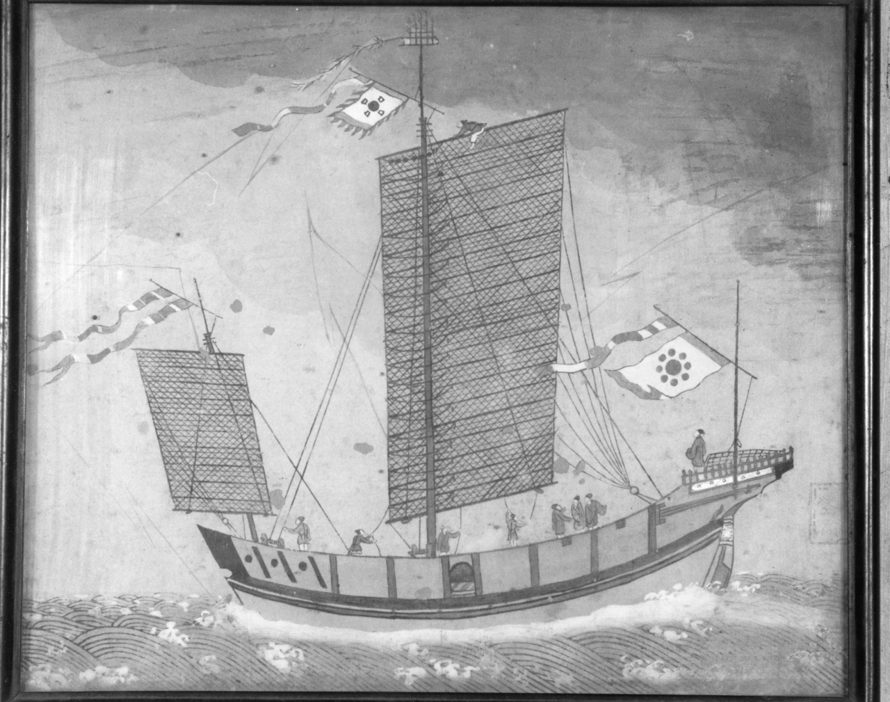 imbarcazione cinese nel mare in tempesta (dipinto) - scuola cinese (sec. XVIII)