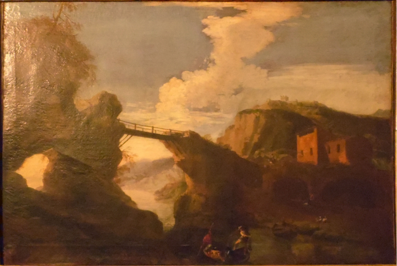 paesaggio con ponte e rocce (dipinto) - ambito italiano (sec. XVII)