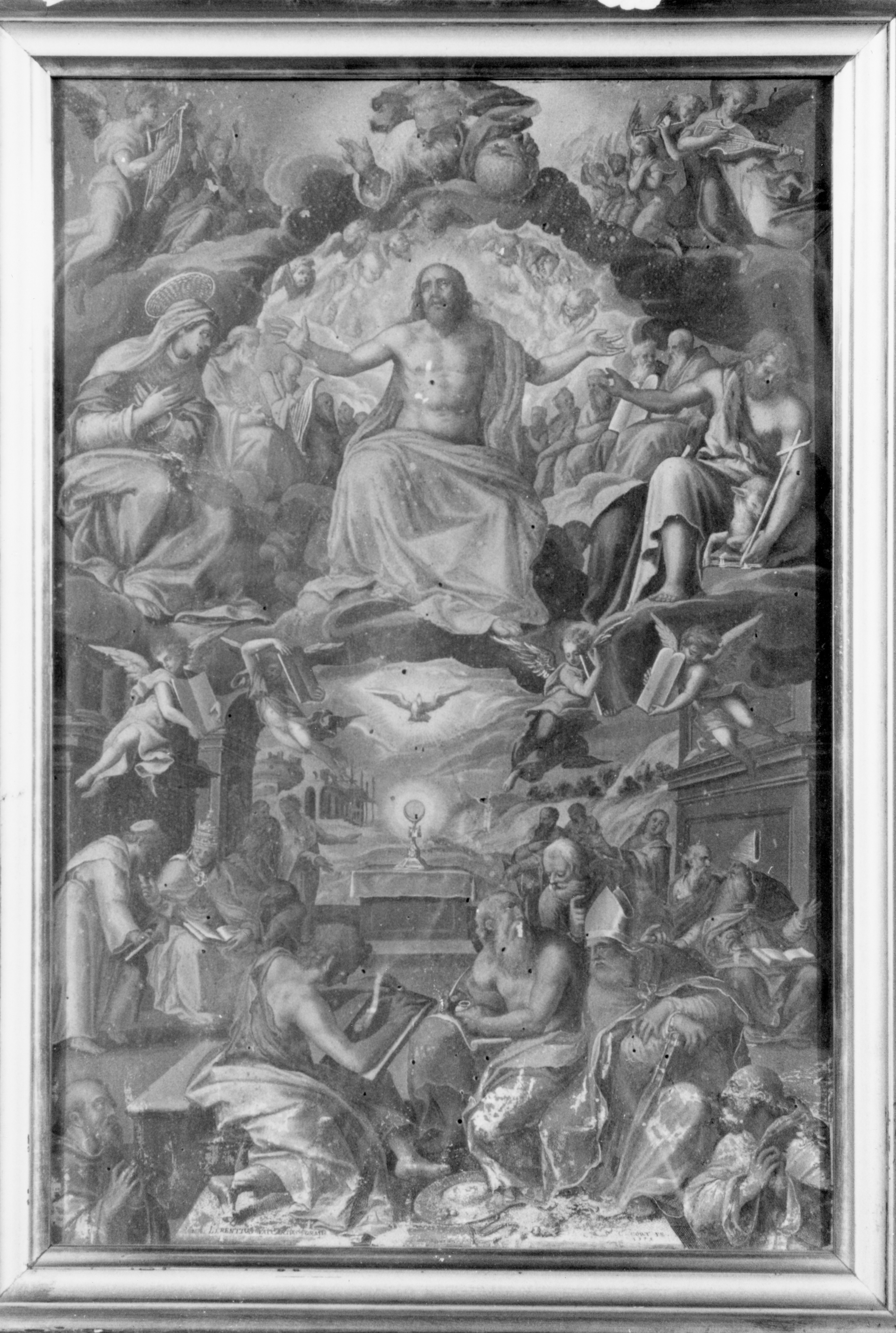Santissima Trinità in Gloria con la Madonna e San Giovanni, Angeli Santi e dottori della chiesa, Trinità (stampa) di Cort Cornelis (sec. XVI)