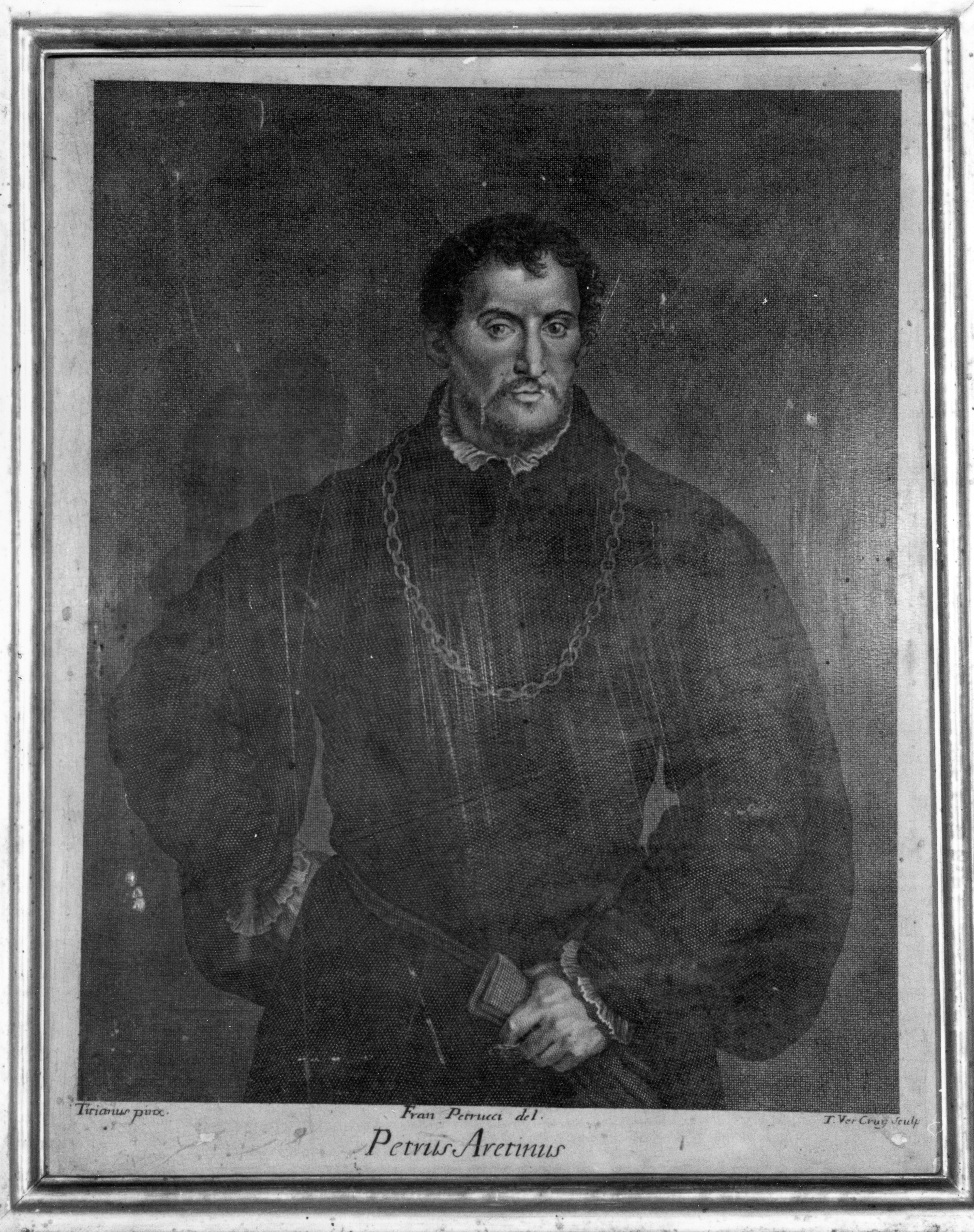 ritratto di Pietro Aretino, ritratto d'uomo (stampa) di Verkruys Theodor, Petrucci Francesco, Vecellio Tiziano (bottega) (sec. XVIII)