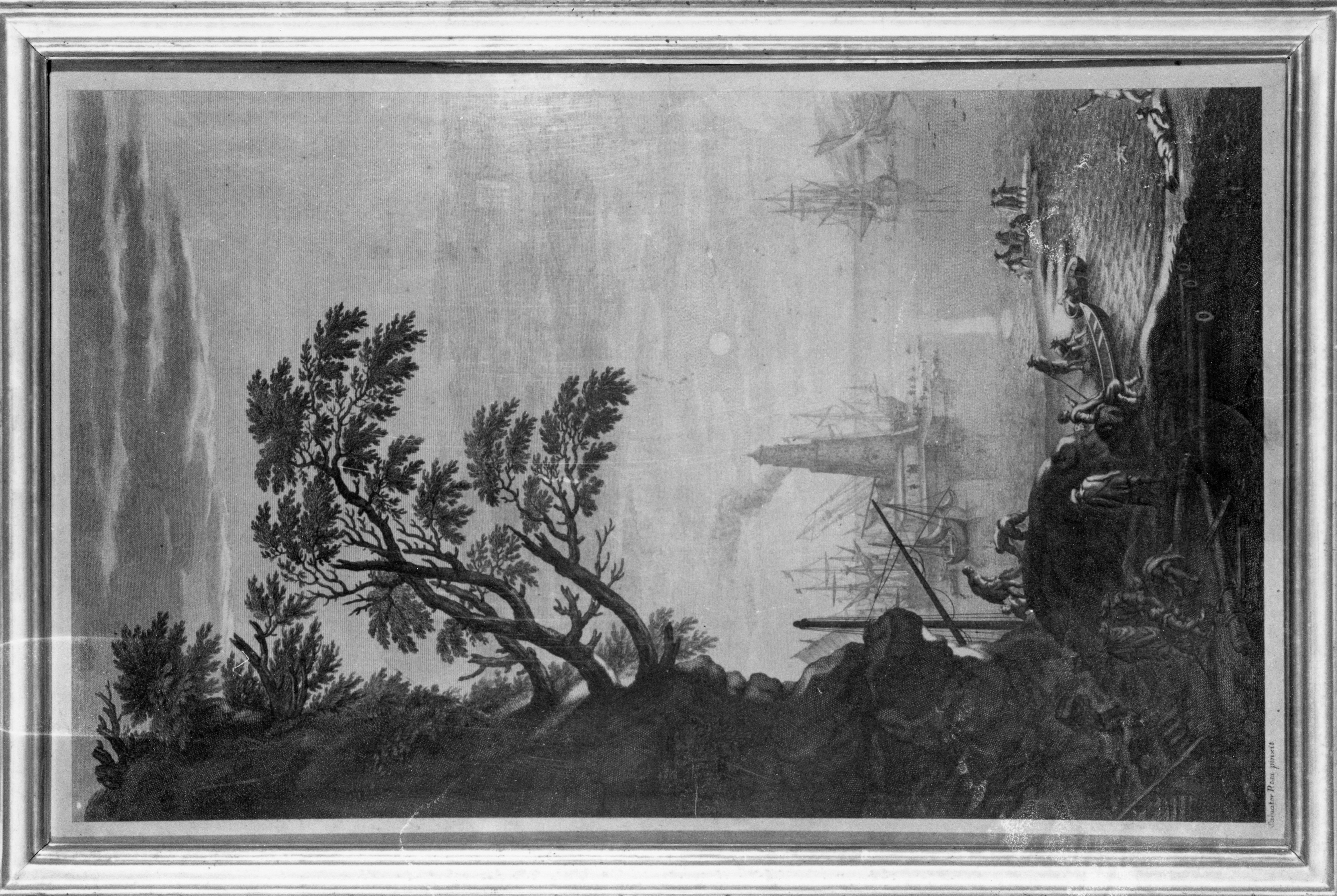 paesaggio con litorale e faro, paesaggio marino (stampa) di Rosa Salvatore, Verkruys Theodor (sec. XVIII)