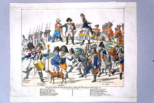 La grande Nazione ha di nuovo il suo grande imperatore e parte per nuove conquiste, Napoleone (stampa) di Voltz J. M (primo quarto sec. XIX)