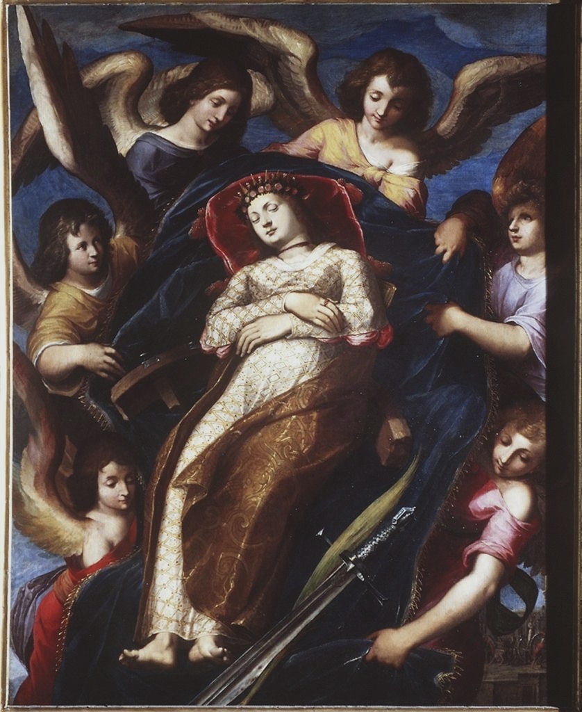 corpo e testa di Santa Caterina d'Alessandria trasportati dagli angeli sul monte Sinai (dipinto) di Ligozzi Jacopo (primo quarto sec. XVII)