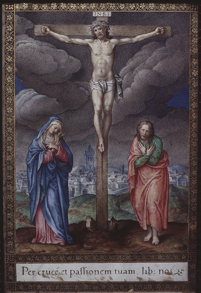 crocifissione di Cristo con la Madonna e San Giovanni Evangelista (miniatura) di Lupi Simone (secc. XVI/ XVII)