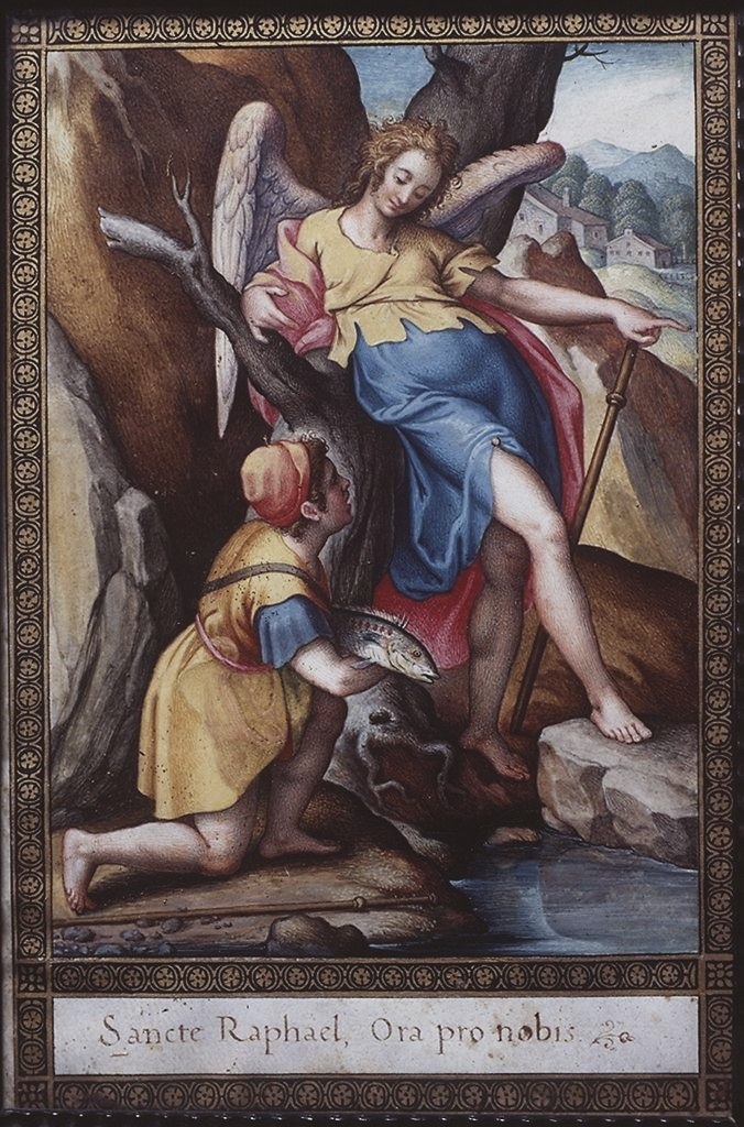 Tobia e San Raffaele arcangelo (miniatura) di Lupi Simone (secc. XVI/ XVII)