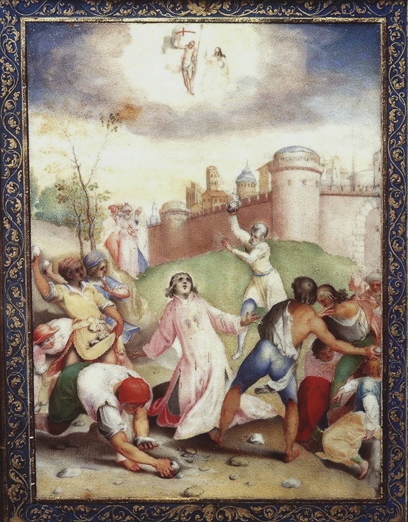 lapidazione di Santo Stefano (miniatura) di Mariani Valerio (primo quarto sec. XVII)
