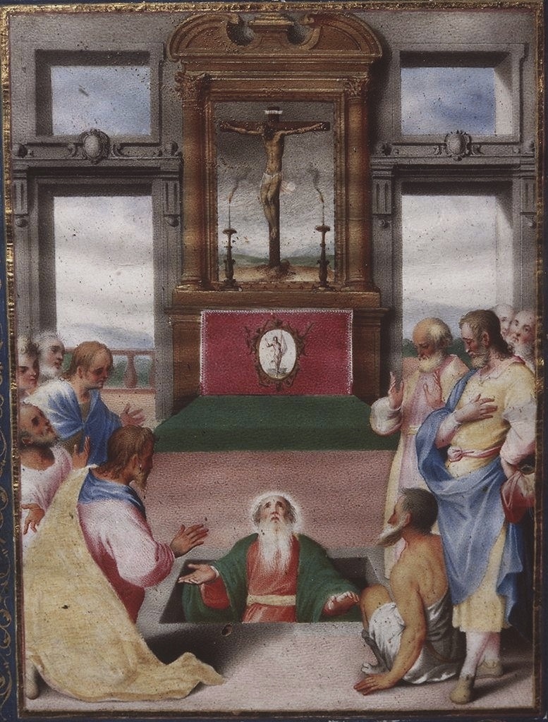 morte e ascensione di San Giovanni Evangelista (miniatura) di Mariani Valerio (primo quarto sec. XVII)