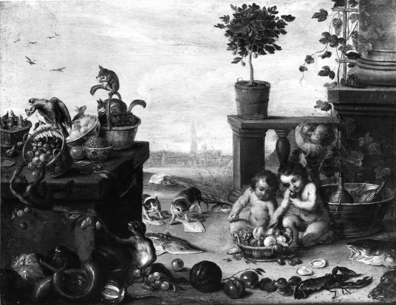 putti tra frutta e pesce (dipinto) di Kessel Jan van (sec. XVII)