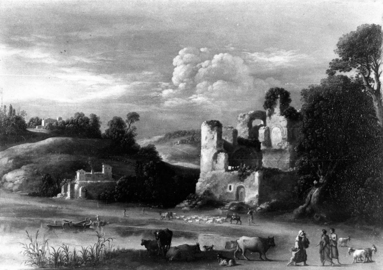 paesaggio lacustre con rovine e pastori (dipinto) di Poelenburgh Cornelis van (sec. XVII)