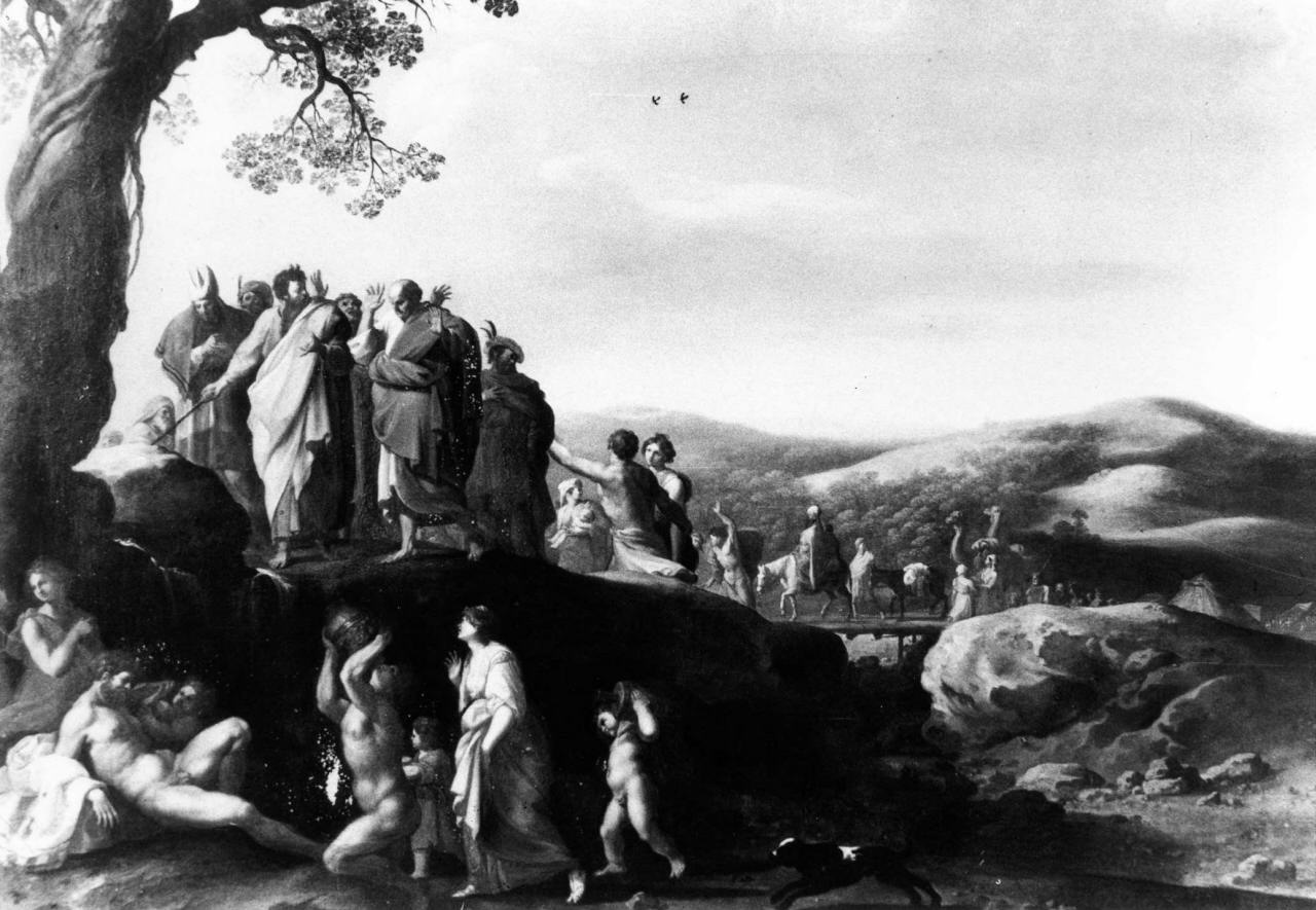 La verga miracolosa, Mosè fa scaturire l'acqua dalla roccia (dipinto) di Poelenburgh Cornelis van (sec. XVII)