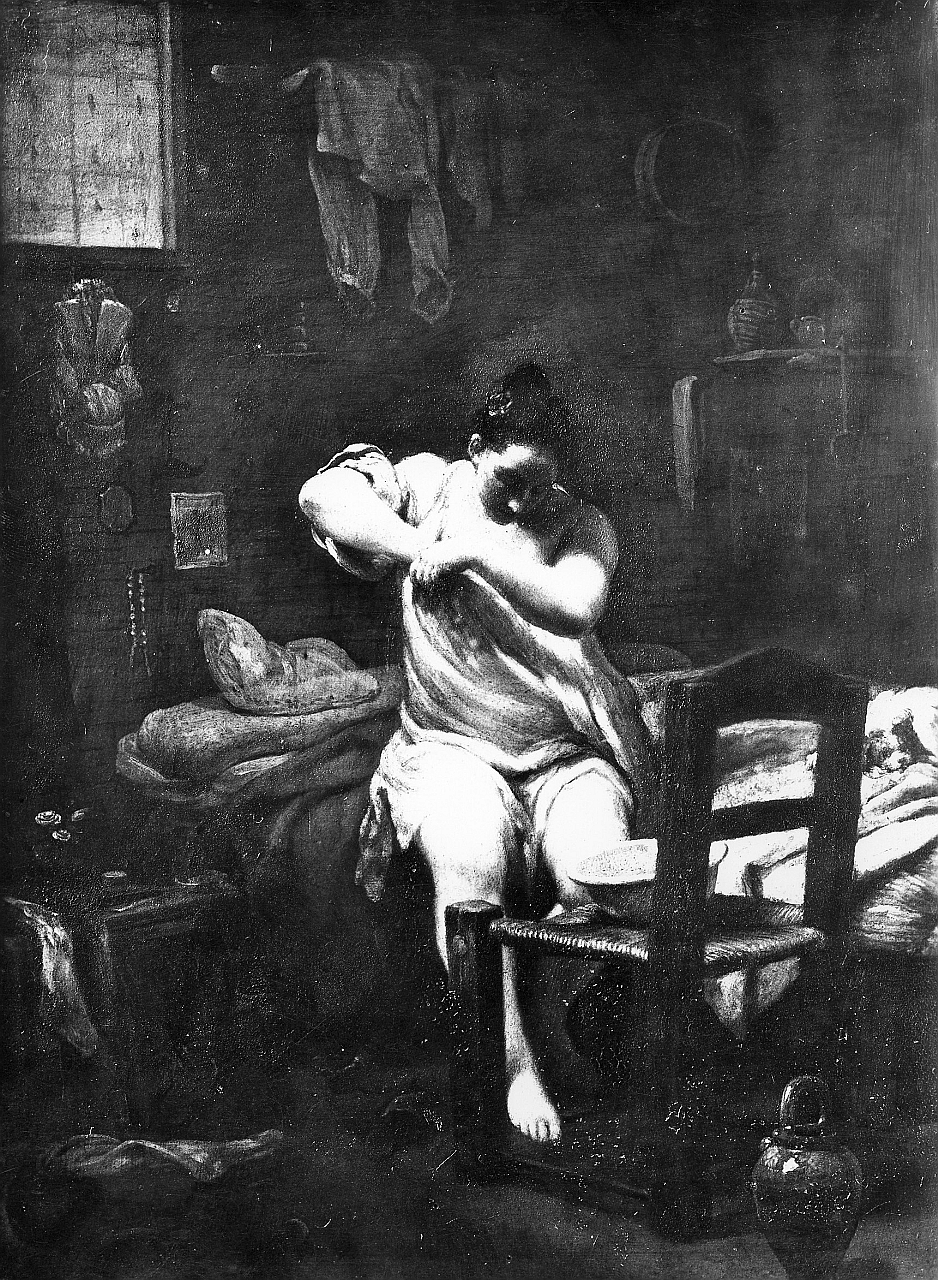 La pulce, donna che si alza dal letto (dipinto) di Crespi Giuseppe Maria detto lo Spagnolo (sec. XVIII)