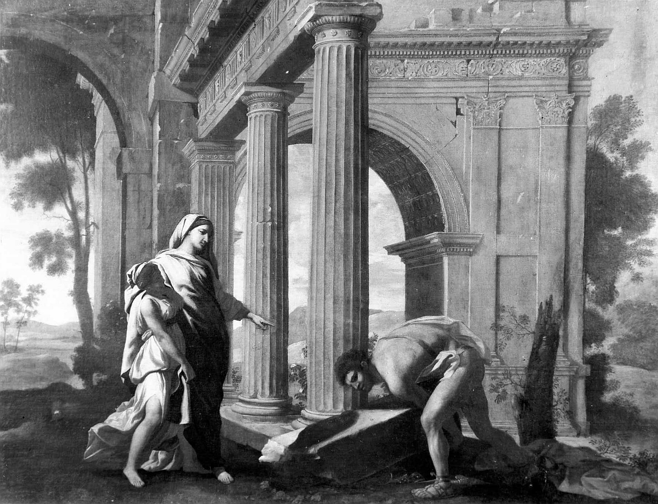 Teseo trova la spada e i calzari del padre Egeo sotto un masso (dipinto) di Poussin Nicolas (sec. XVII)