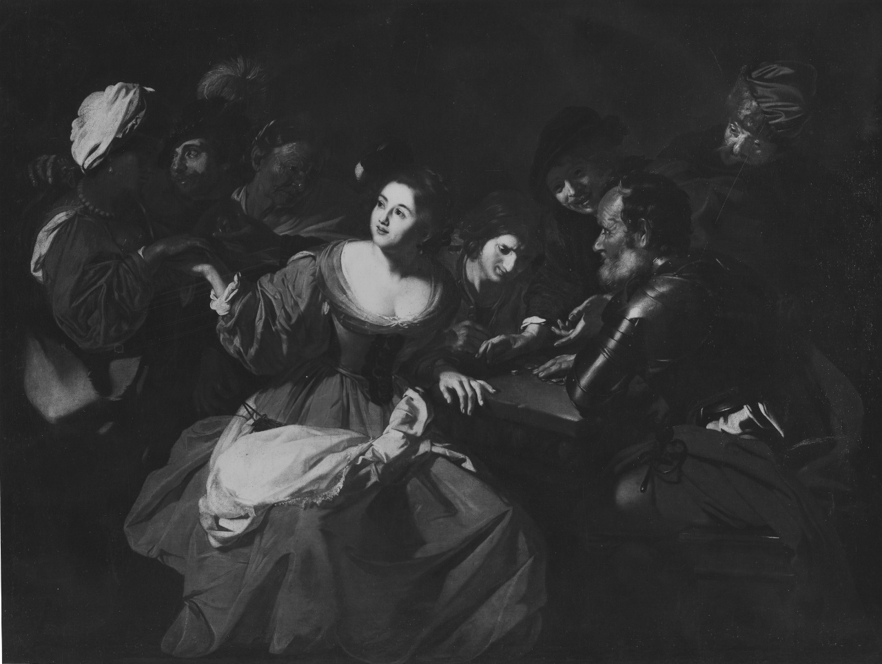 osteria con giocatori e zingara che legge la mano (dipinto) di Regnier Nicolas (sec. XVII)