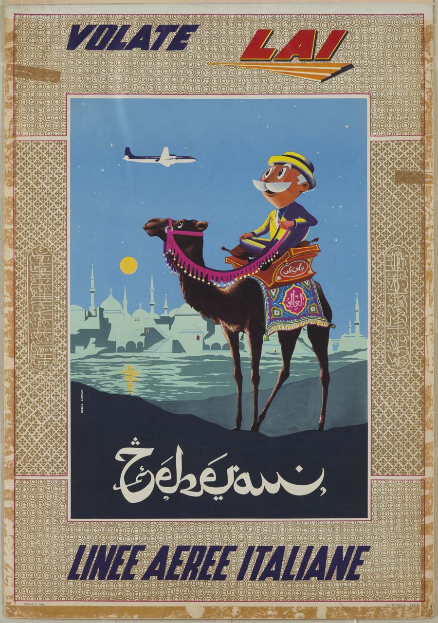 veduta di uomo su cammello sovrastato da un aereo in volo sullo sfondo di una veduta di città in riva al mare illuminata dalla luna piena (manifesto) di Studio Fibbi - ambito italiano (sec. XX)