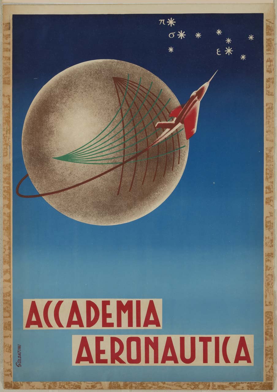 aereo vola intorno al globo terrestre (manifesto) di Soldatini - ambito italiano (sec. XX)