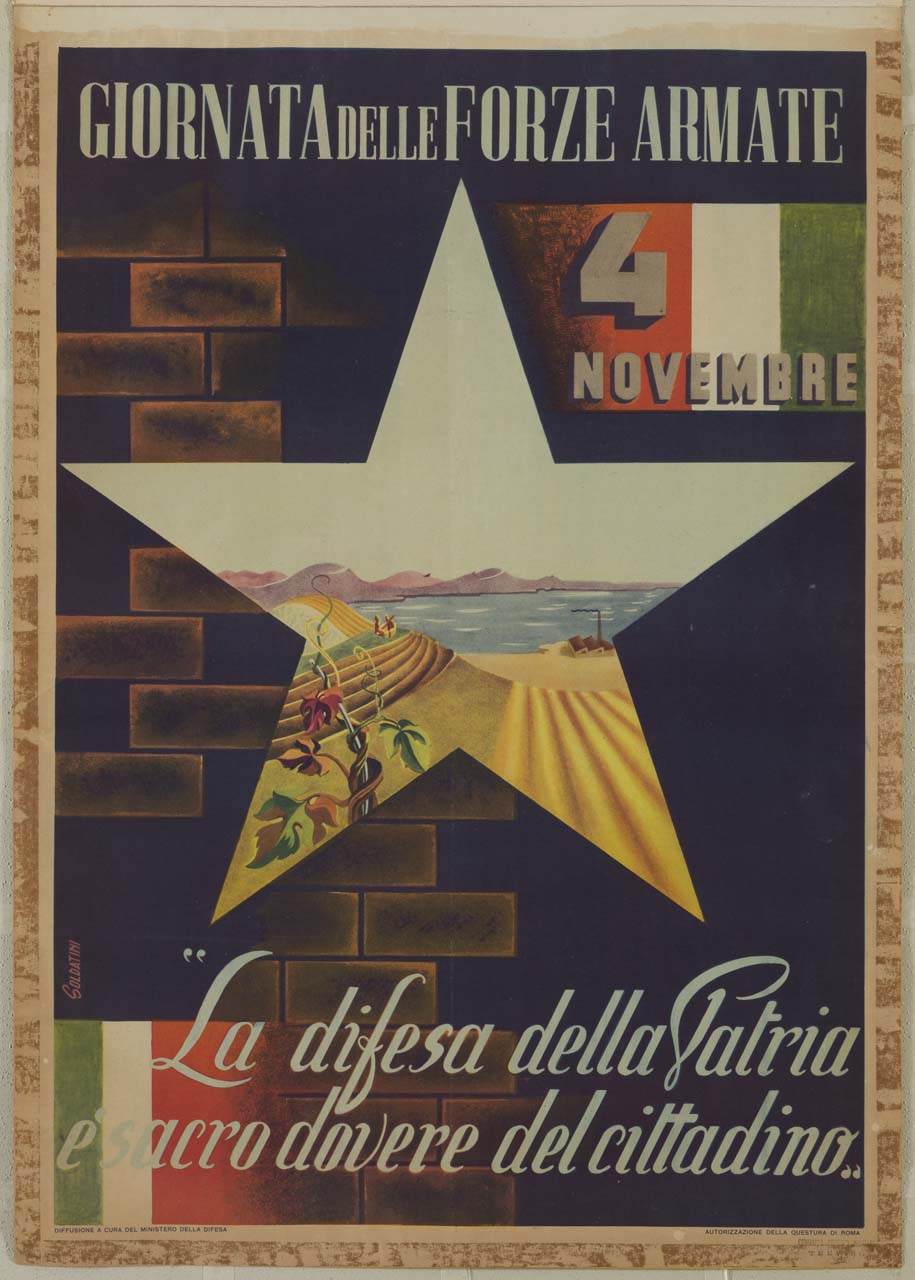 stella a cinque punte con paesaggi e bandiere tricolori (manifesto) di Soldatini - ambito italiano (sec. XX)