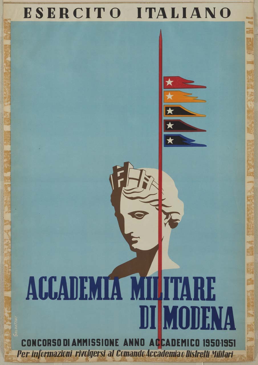 testa d'Italia turrita con vessillo e stendardi stellati (manifesto) di Soldatini - ambito italiano (sec. XX)