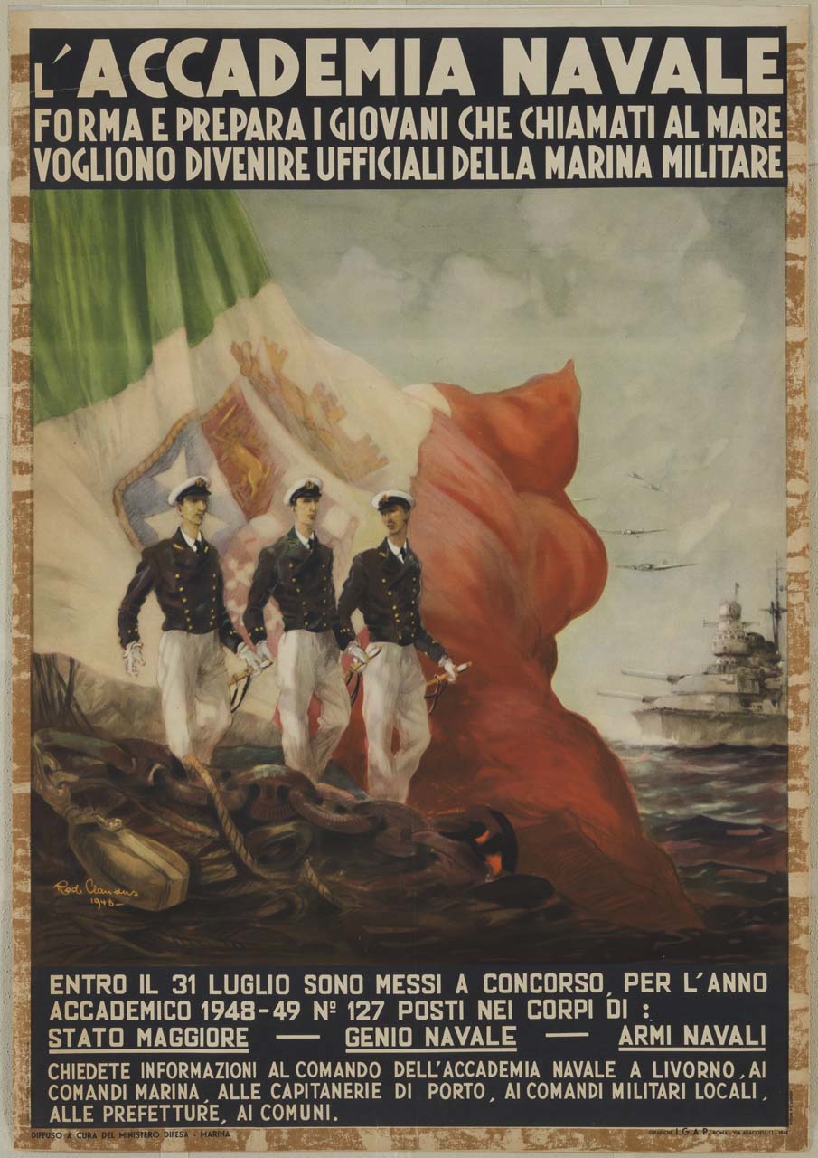 tre ufficiali della Marina in uniforme avanzano sullo sfondo del tricolore e di aerei e una nave militare in mare (manifesto) di Claudus Rudolf (sec. XX)