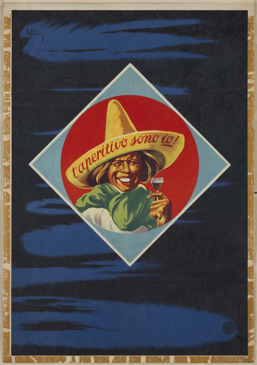 messicano sorride mostrando un bicchiere di aperitivo in un rombo su fondo scuro con nubi (manifesto) di Gladius (sec. XX)