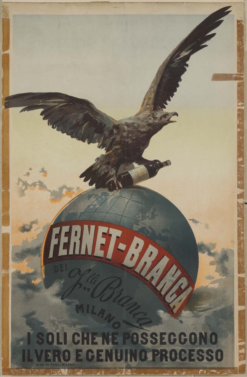 su un globo targato Fernet Branca un'aquila afferra una bottiglia di amaro (manifesto) di Metlicovitz Leopoldo (attribuito) (sec. XIX)