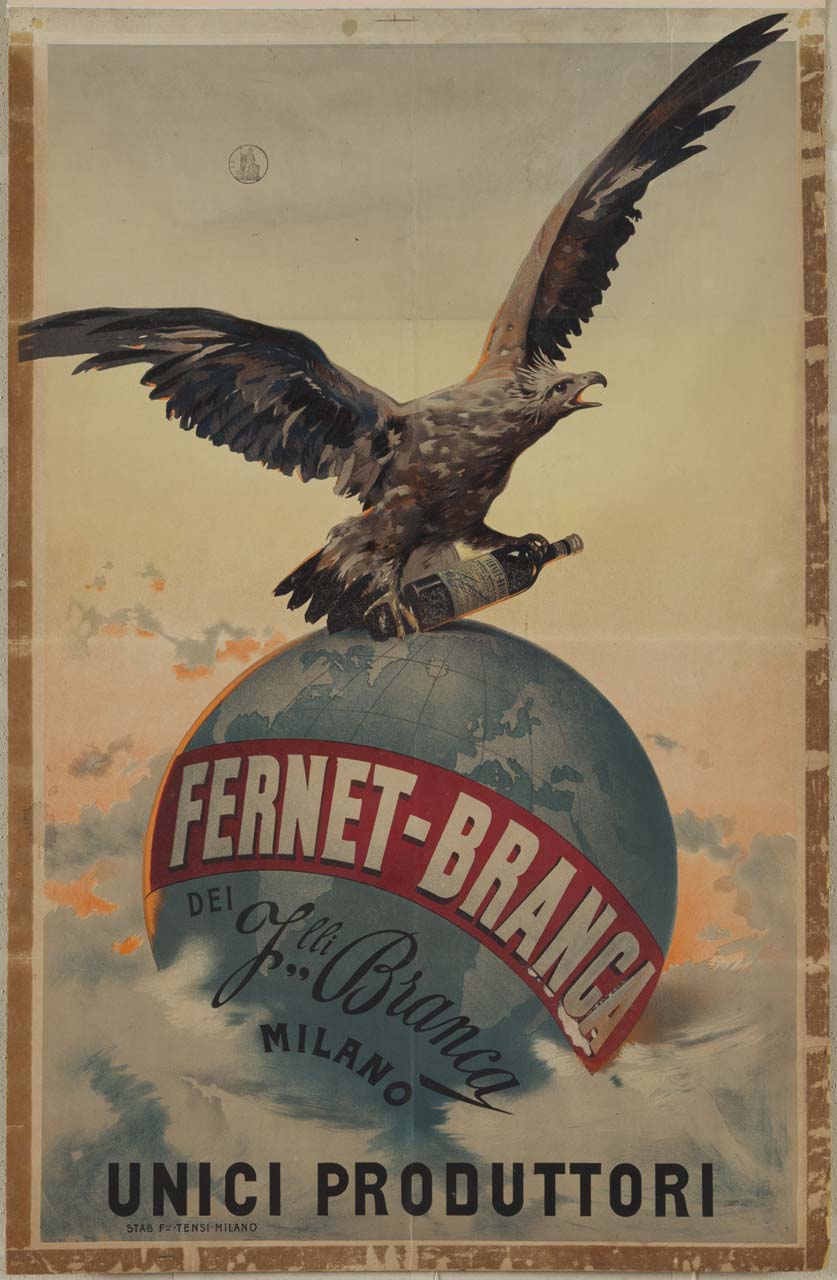 su un globo targato Fernet Branca un'aquila afferra una bottiglia di amaro (manifesto) di Metlicovitz Leopoldo (attribuito) (sec. XIX)