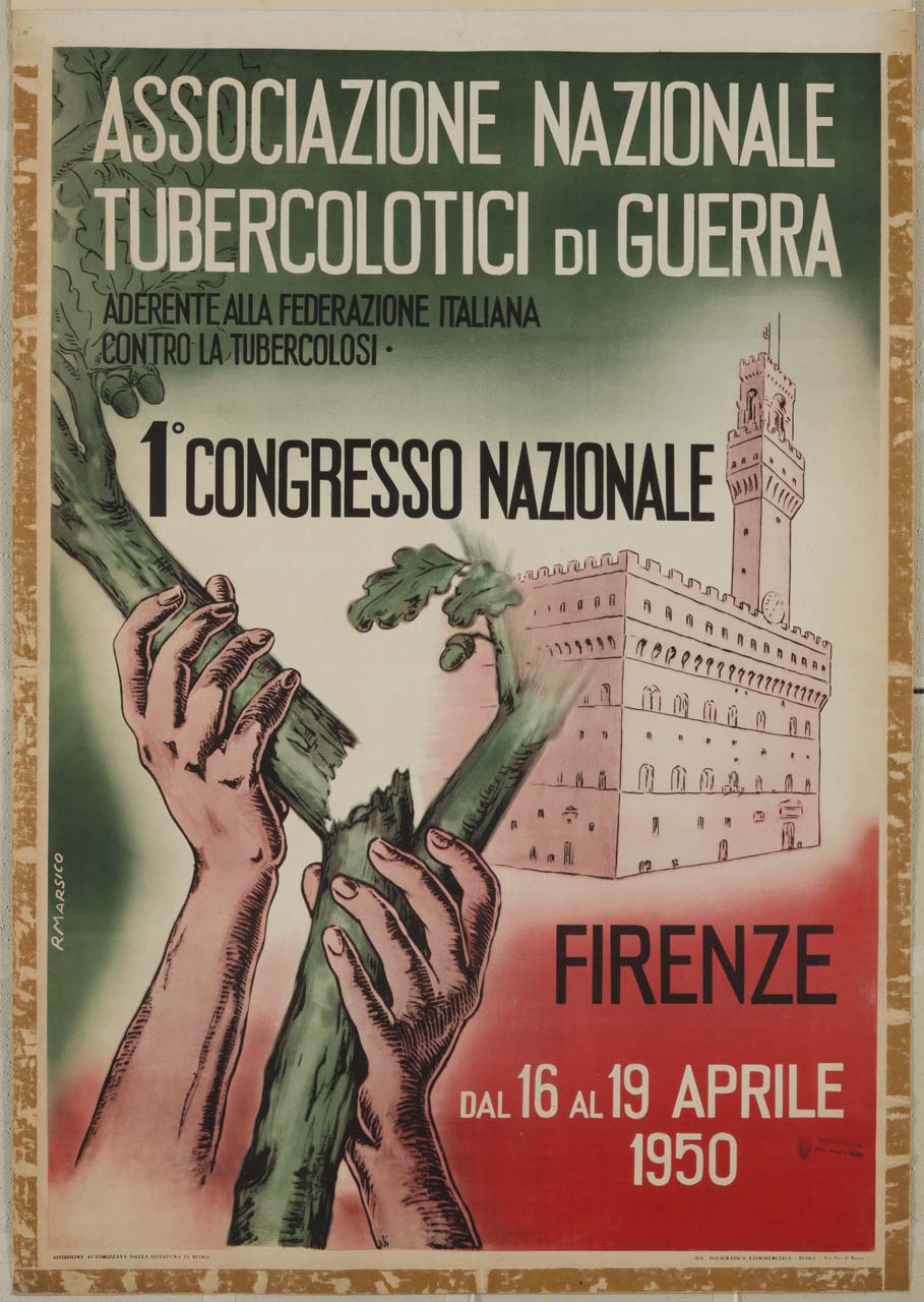 due mani spezzano un ramo sullo sfondo del Palazzo Vecchio di Firenze (manifesto) di Marsico R - ambito italiano (sec. XX)
