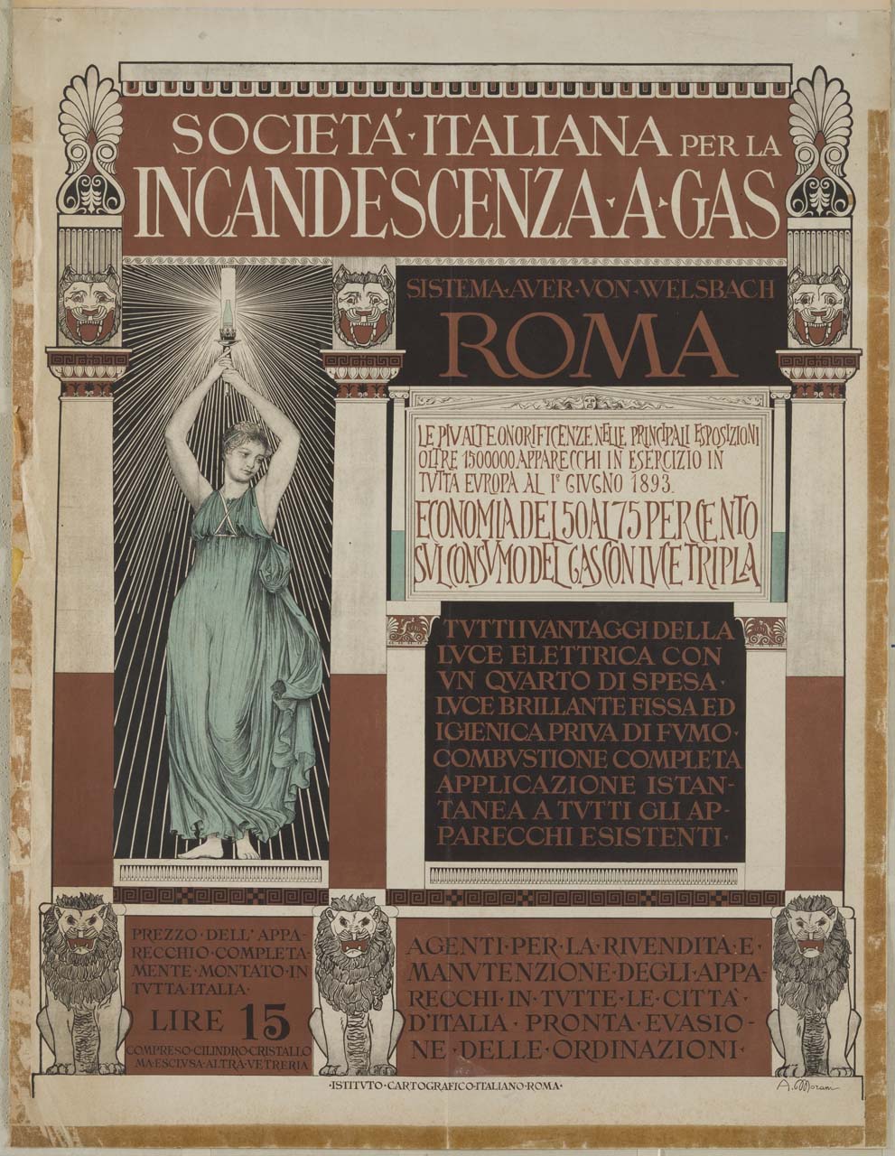 donna in posa ed abito classici sostiene una lampada ad incandescenza al di sopra della testa (manifesto) di Moroni Alberto (secc. XIX/ XX)