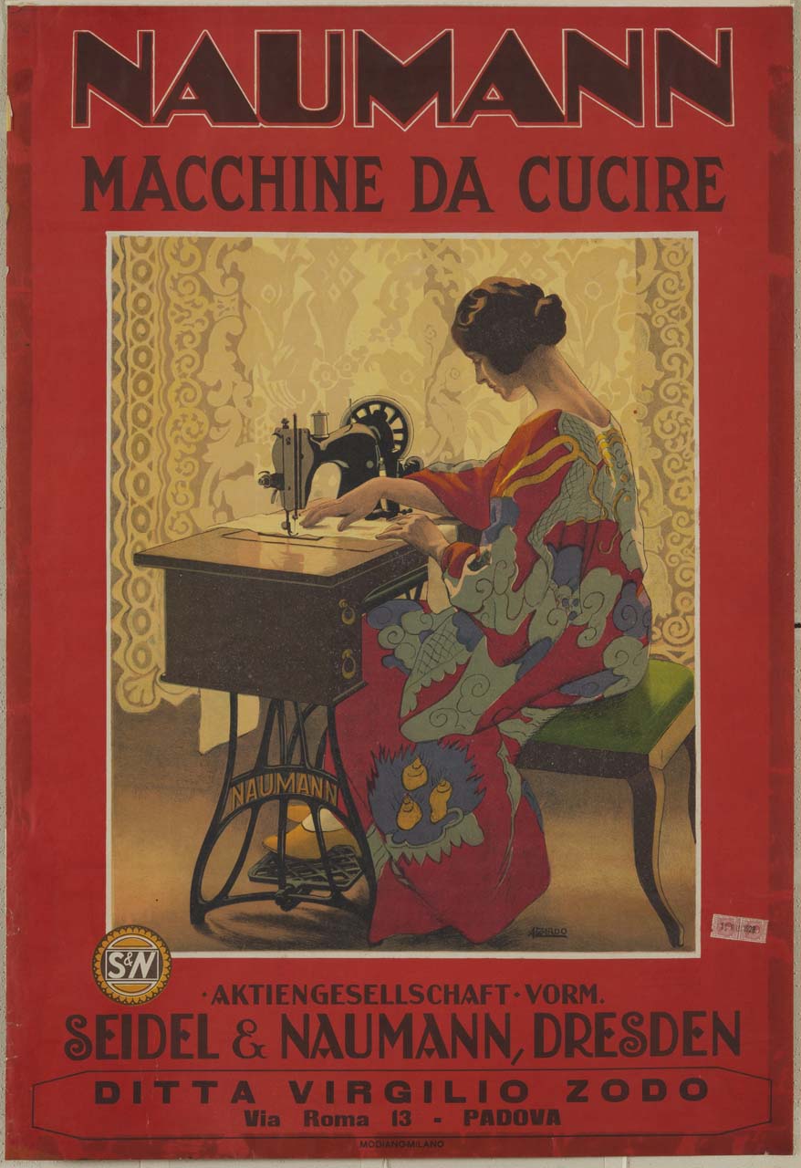 donna con abito dai decori stile giapponese cuce con la macchina per cucire (manifesto) di Zardo Alberto (sec. XX)