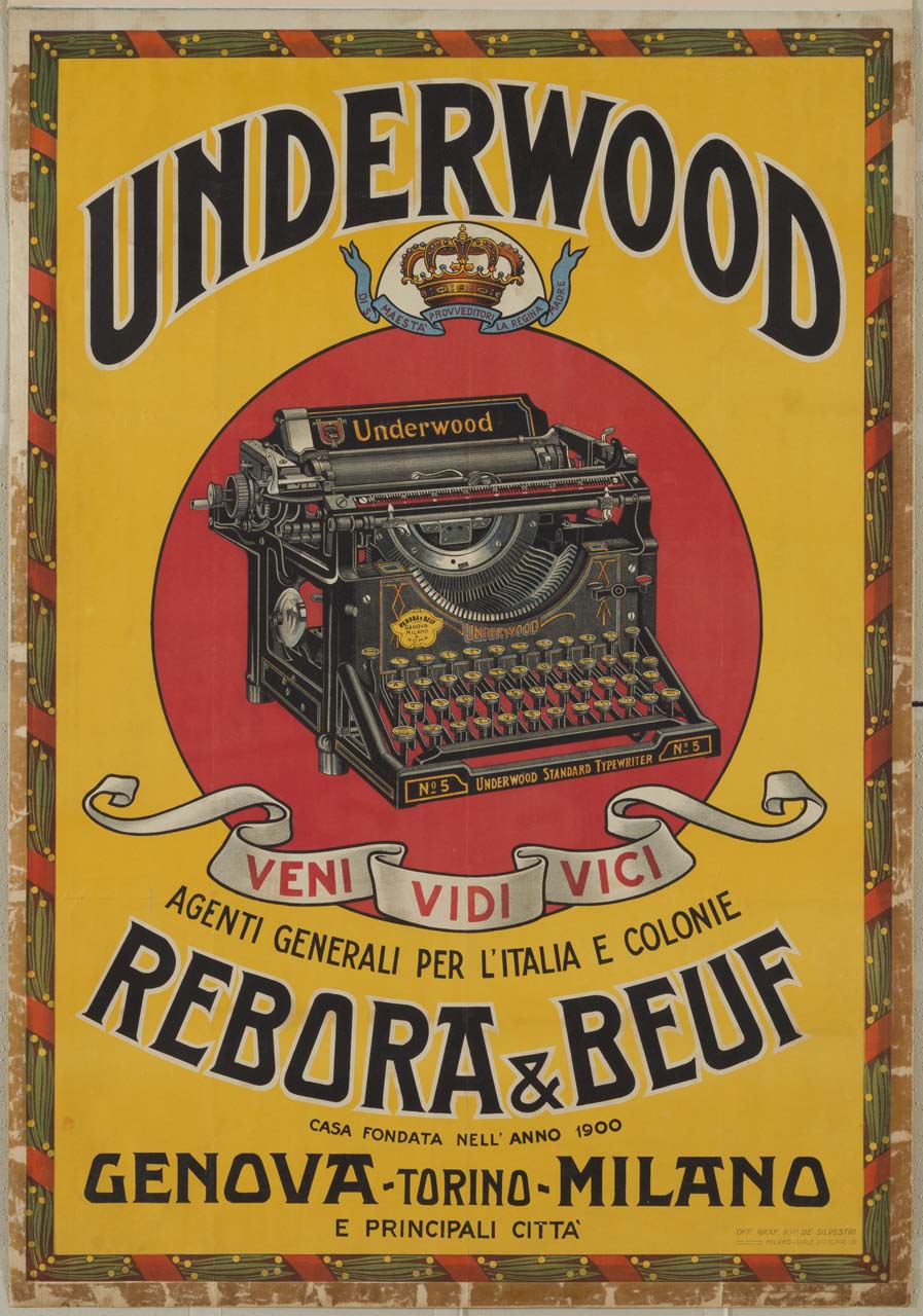 macchina per scrivere Underwood su fondo rosso con motto (manifesto) - ambito italiano (sec. XX)