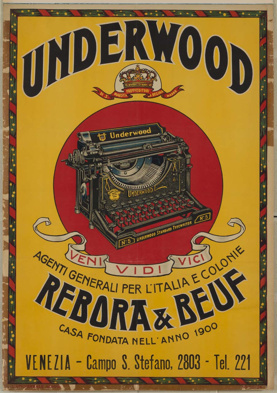 macchina per scrivere Underwood su fondo rosso con motto (manifesto) - ambito italiano (sec. XX)
