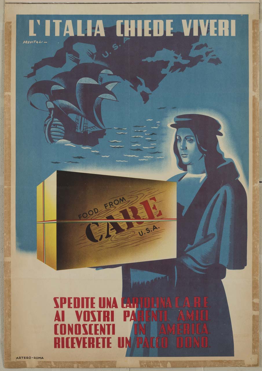 Cristoforo Colombo porta un pacco sullo sfondo della sagoma dell'America e di una caravella in mare (manifesto) di Previtali Delfo (sec. XX)
