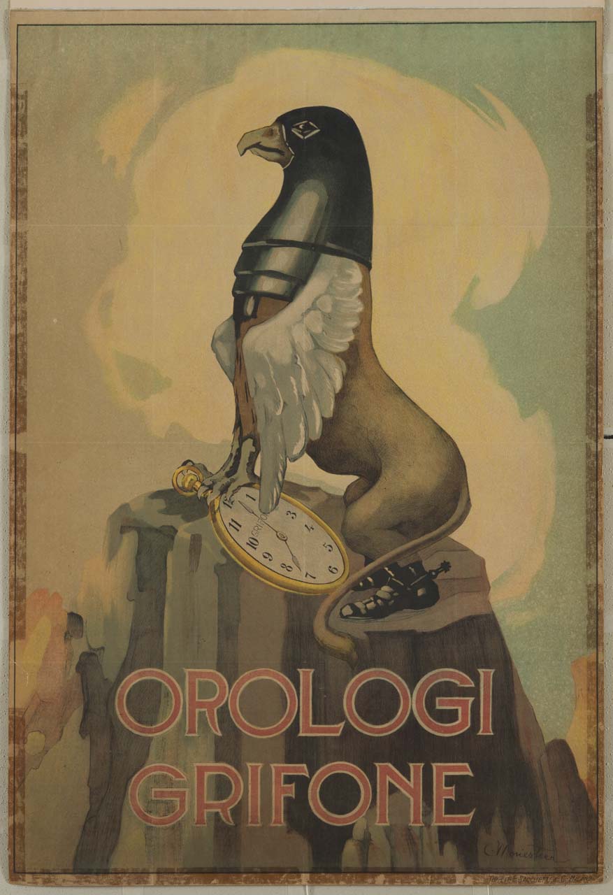 grifone vestito di stivaletti con speroni ed elmo tiene un orologio con gli artigli anteriori in cima ad una roccia (manifesto) di Moriestier G - ambito italiano (metà sec. XX)