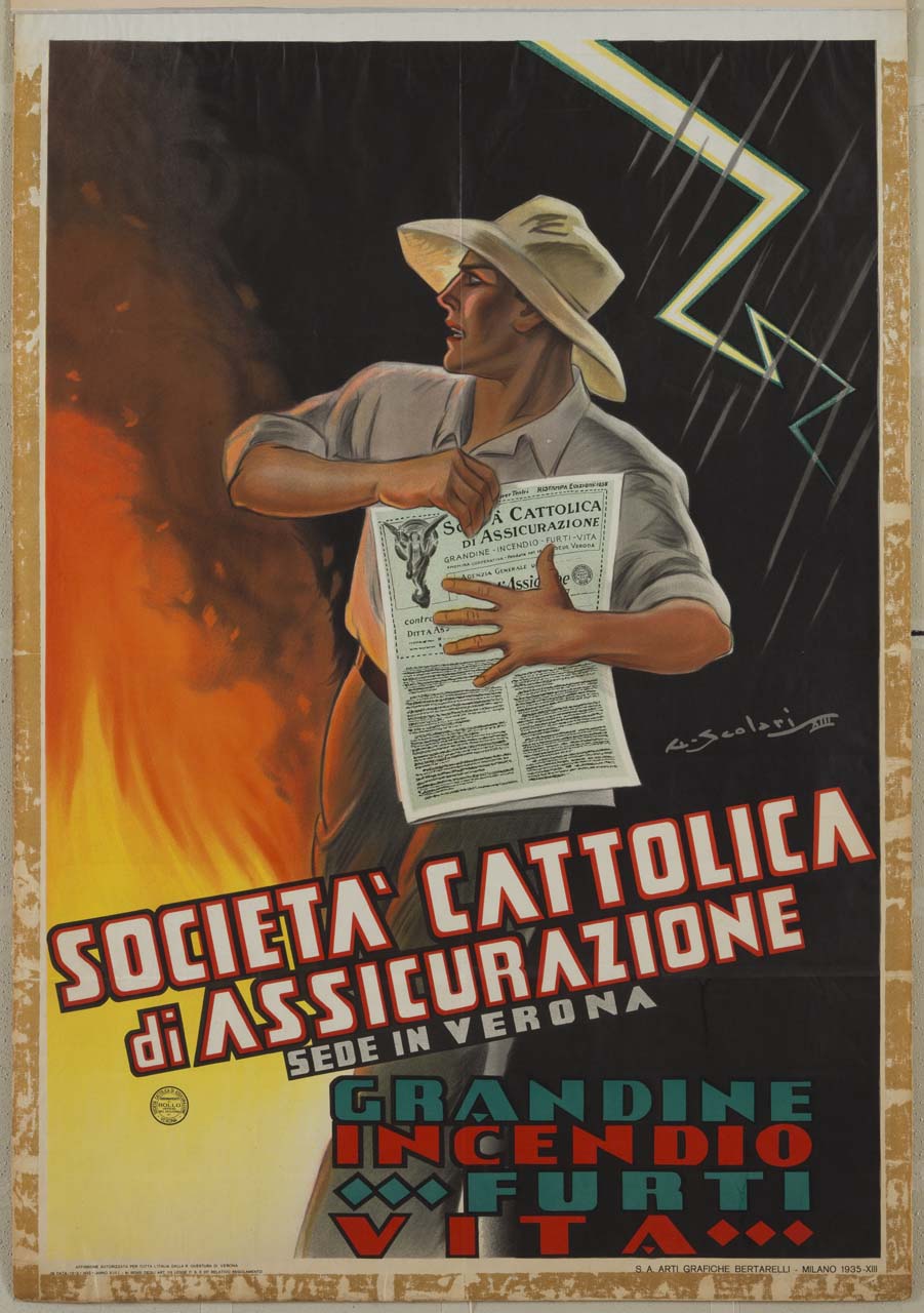 un uomo con cappello difende una copia di giornale da fiamme, pioggia e fulmine (manifesto) di Scolari Giovanni (sec. XX)