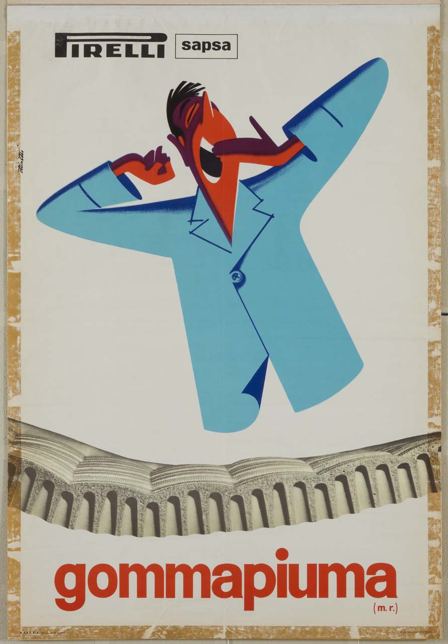sagoma di un uomo in pigiama sbadiglia stiracchiandosi sopra una immagine di strati di gommapiuma (manifesto) di Ottinetti Piero (sec. XX)