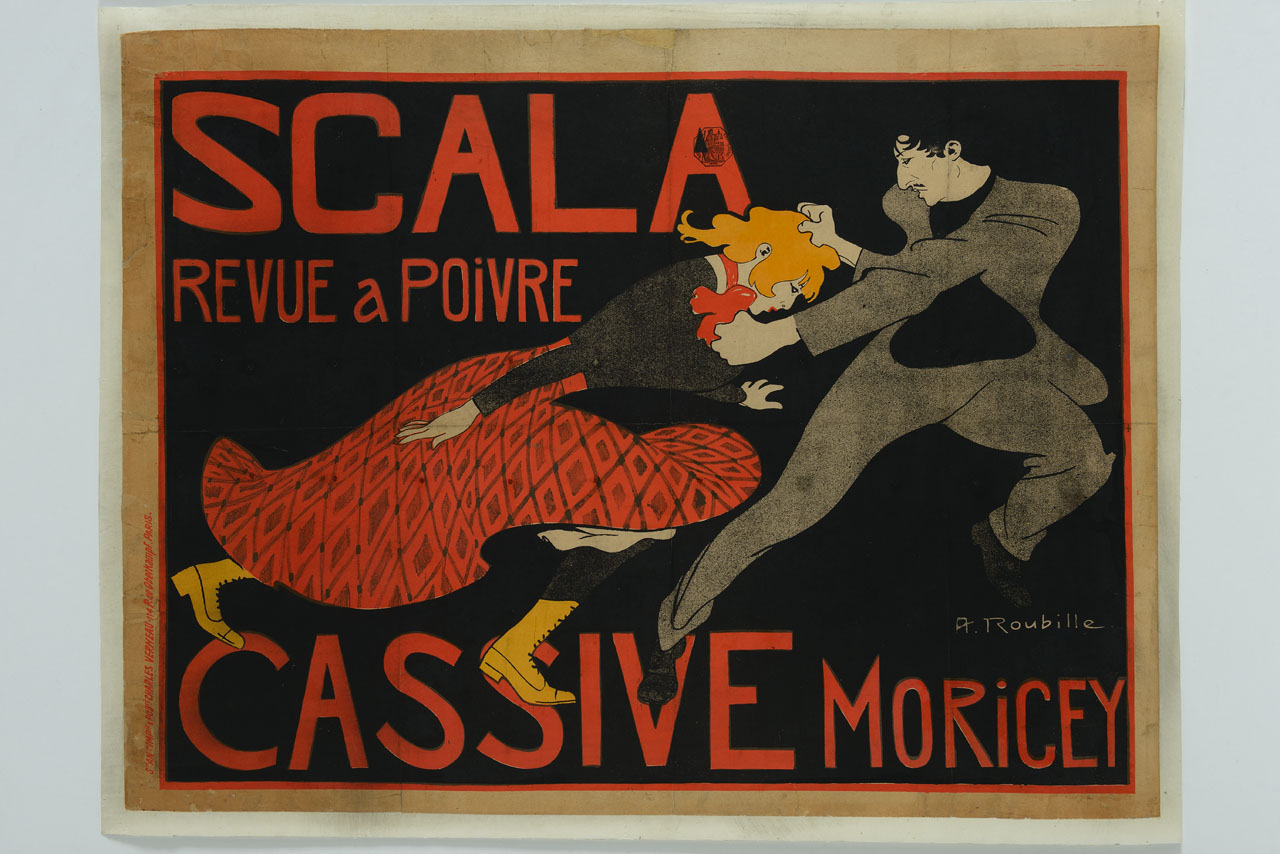 un uomo trascina per i capelli una donna (manifesto) di Roubille Auguste (sec. XX)