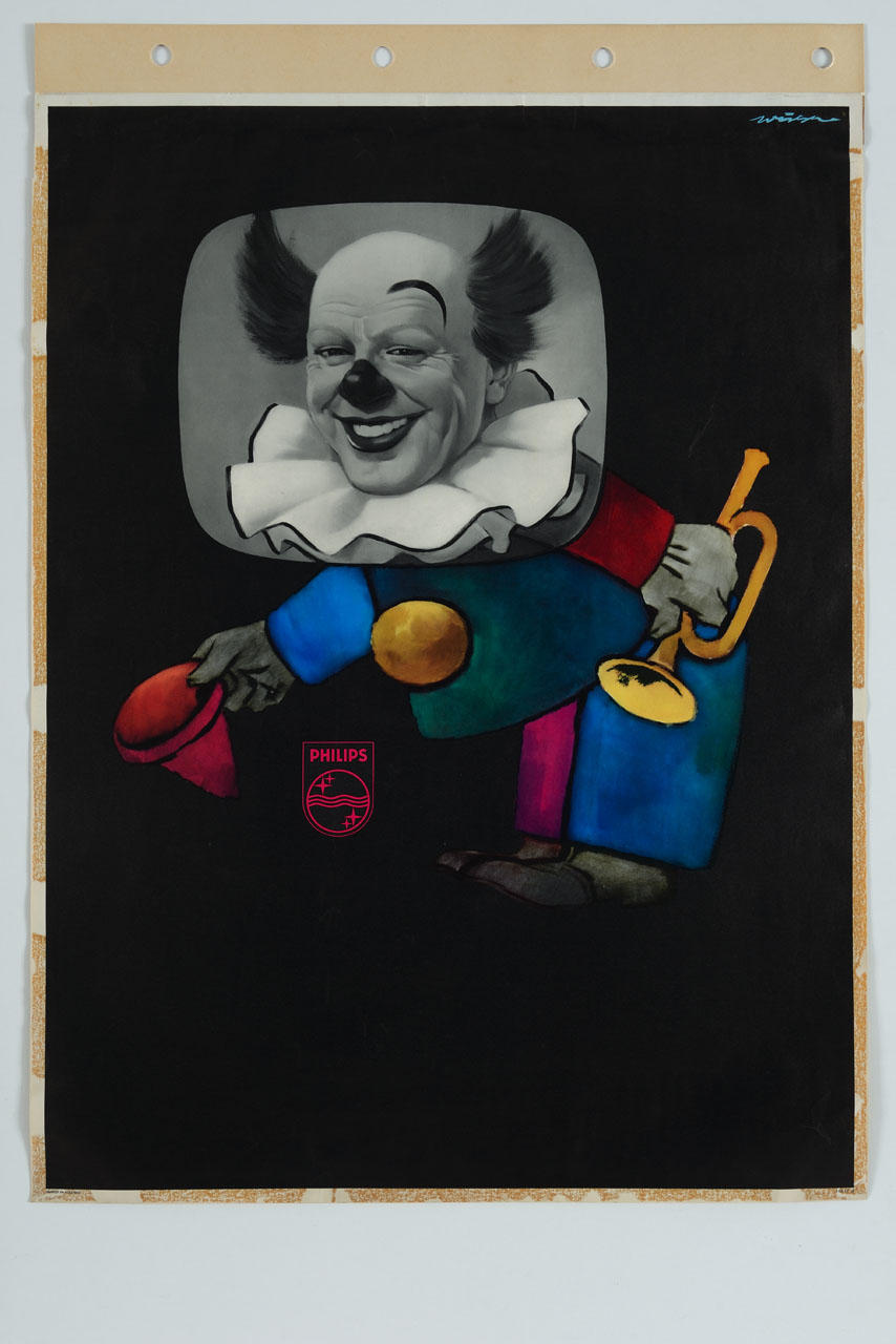 un pagliaccio con trombetta e cappello e il capo inserito in uno schermo televisivo si inchina sul marchio Philips (manifesto) di Weninger Emmerich (metà sec. XX)