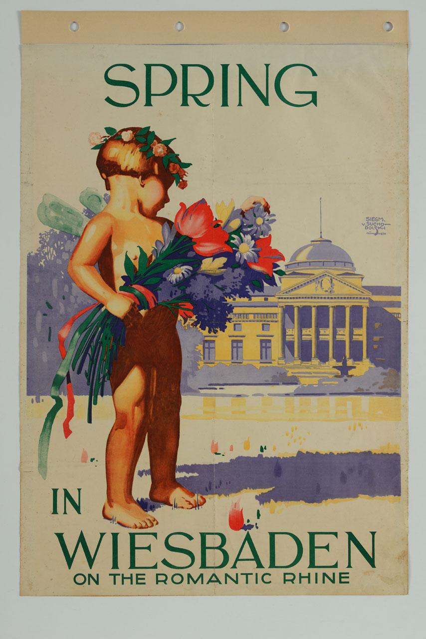 bambino nudo porta una corona di fiori sul capo e un grande mazzo in mano sullo sfondo delle Terme di Wiesbaden (manifesto) di von Suchodolski Siegmund (sec. XX)