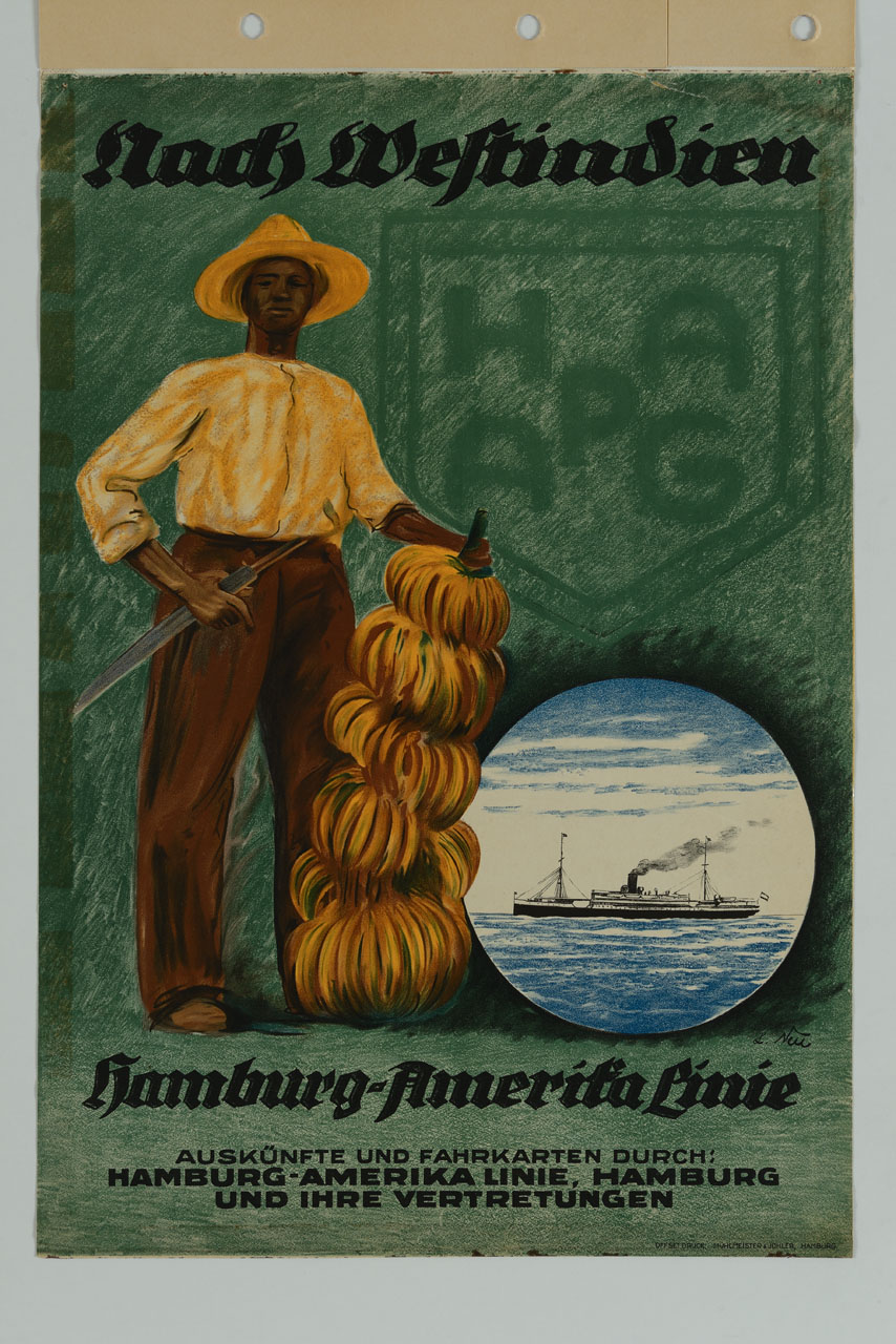 contadino di colore stante con coltello e caschi di banane, accanto a stemma HAPAG e medaglione con transatlantico in mare (manifesto) di Neu Ludwig (metà sec. XX)