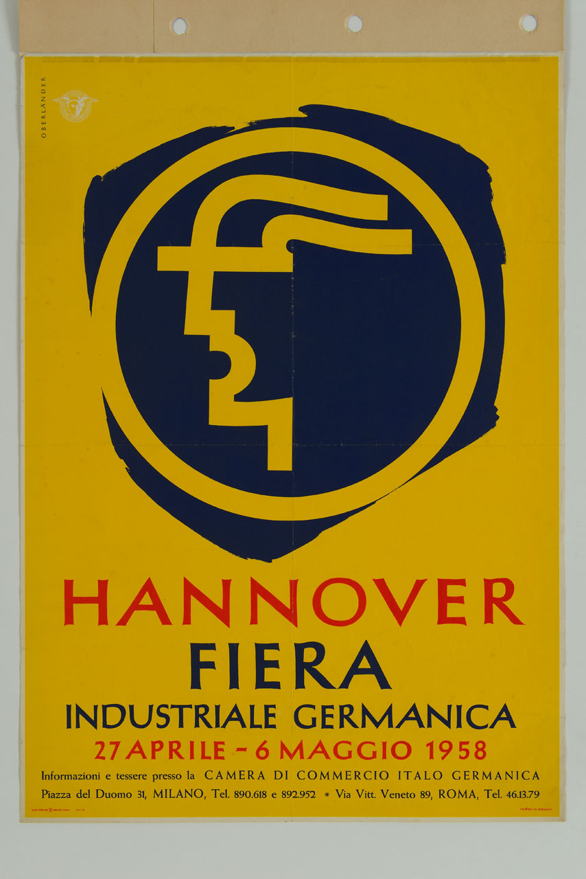 logo della fiera di Hannover con testa di Mercurio stilizzata di profilo (manifesto) di Oberländer - ambito tedesco (sec. XX)