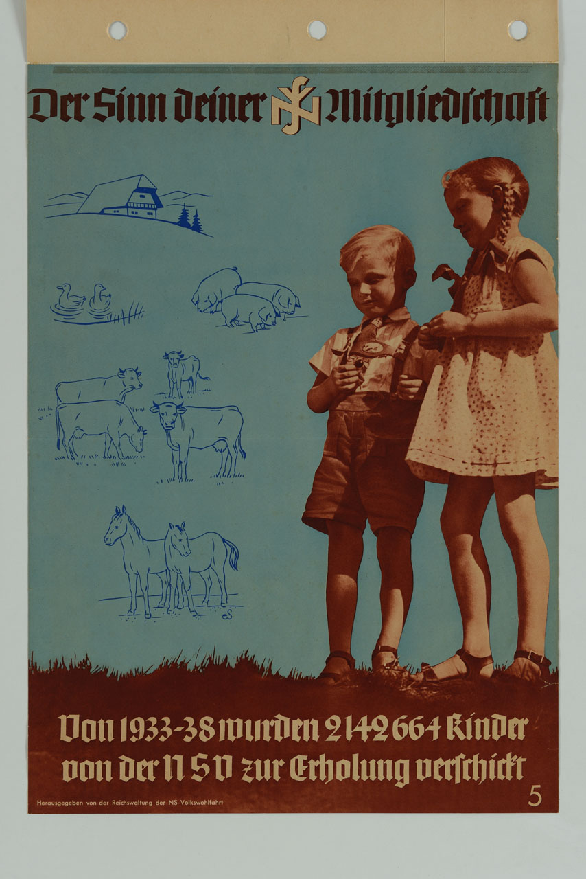 due bambini su un prato e disegni di animali da fattoria (manifesto) - ambito tedesco (sec. XX)