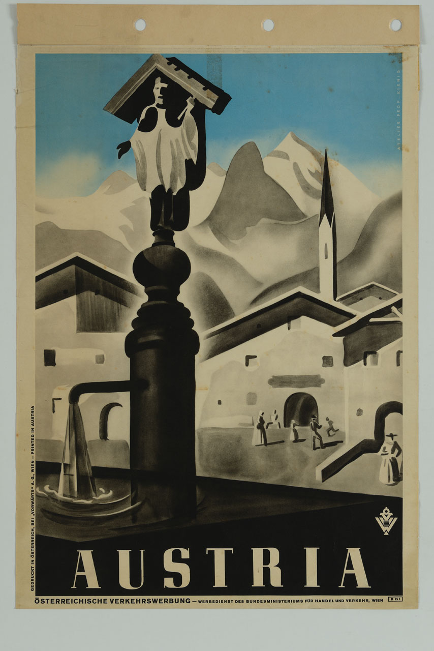fontana con San Giovanni Nepomuceno in un villaggio alpino (manifesto) di Kirnig Paul, Atelier Kirnig (sec. XX)