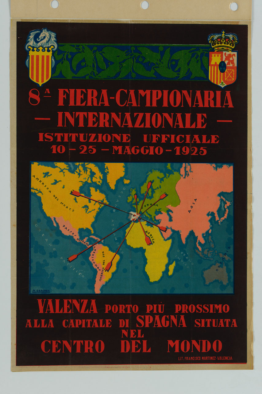 rappresentazione in piano dei continenti con frecce rivolte sulla Spagna (manifesto) di Vercher A - ambito spagnolo (sec. XX)