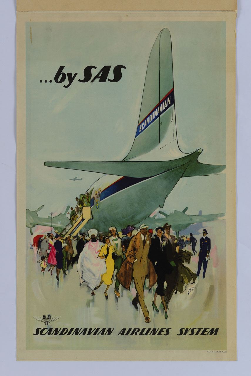 passeggeri elegantemente vestiti scendono da un aereo della SAS (manifesto) di ON - ambito danese (sec. XX)