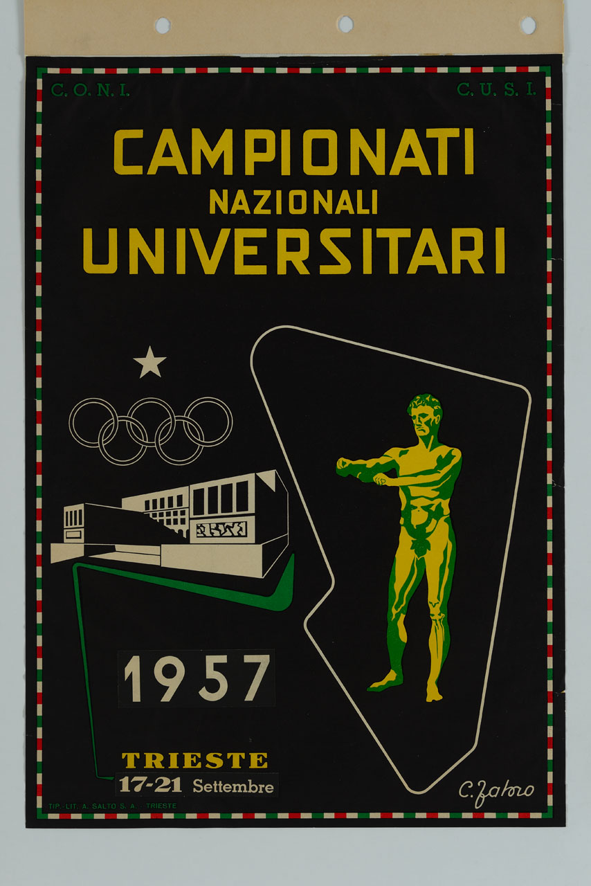 edificio principale dell'Università di Trieste con Apoxyómenos e simbolo del CONI (manifesto) di C. Fabro - ambito italiano (sec. XX)