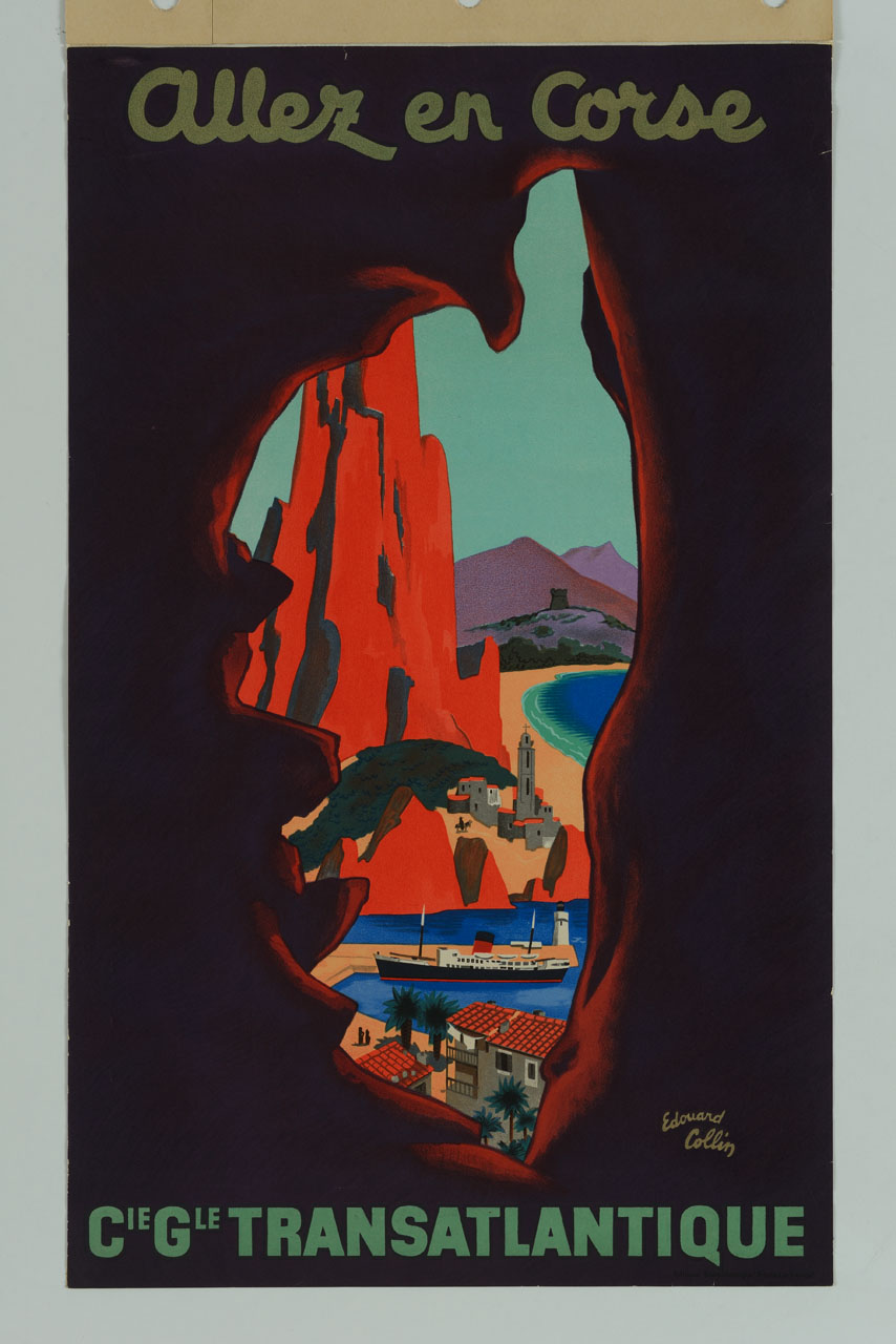 scorcio paesistico attraverso un'apertura nella roccia a forma di Corsica (manifesto) di Collin Edouard (sec. XX)