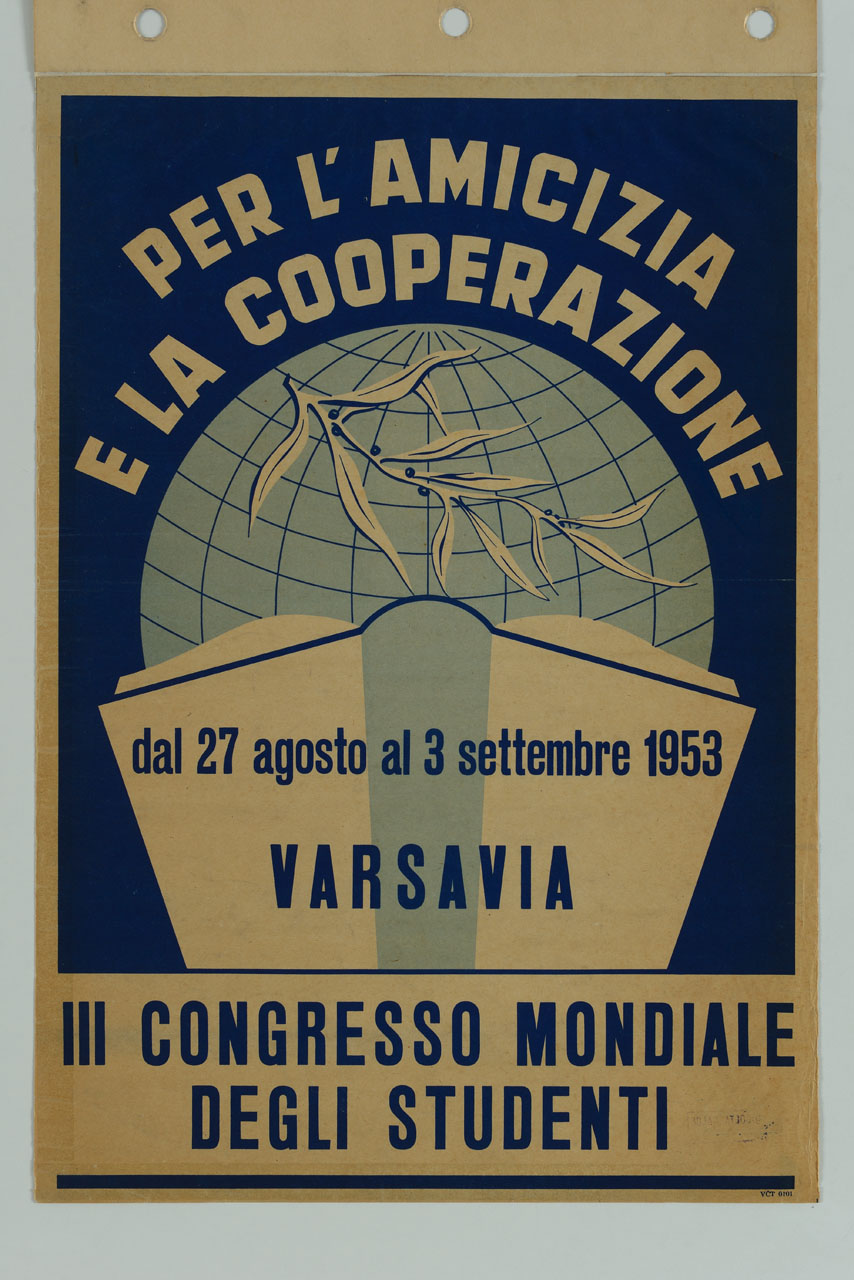 libro aperto e ramo d'ulivo con il planisfero sullo sfondo (manifesto) di VČT 0101 - ambito polacco (sec. XX)