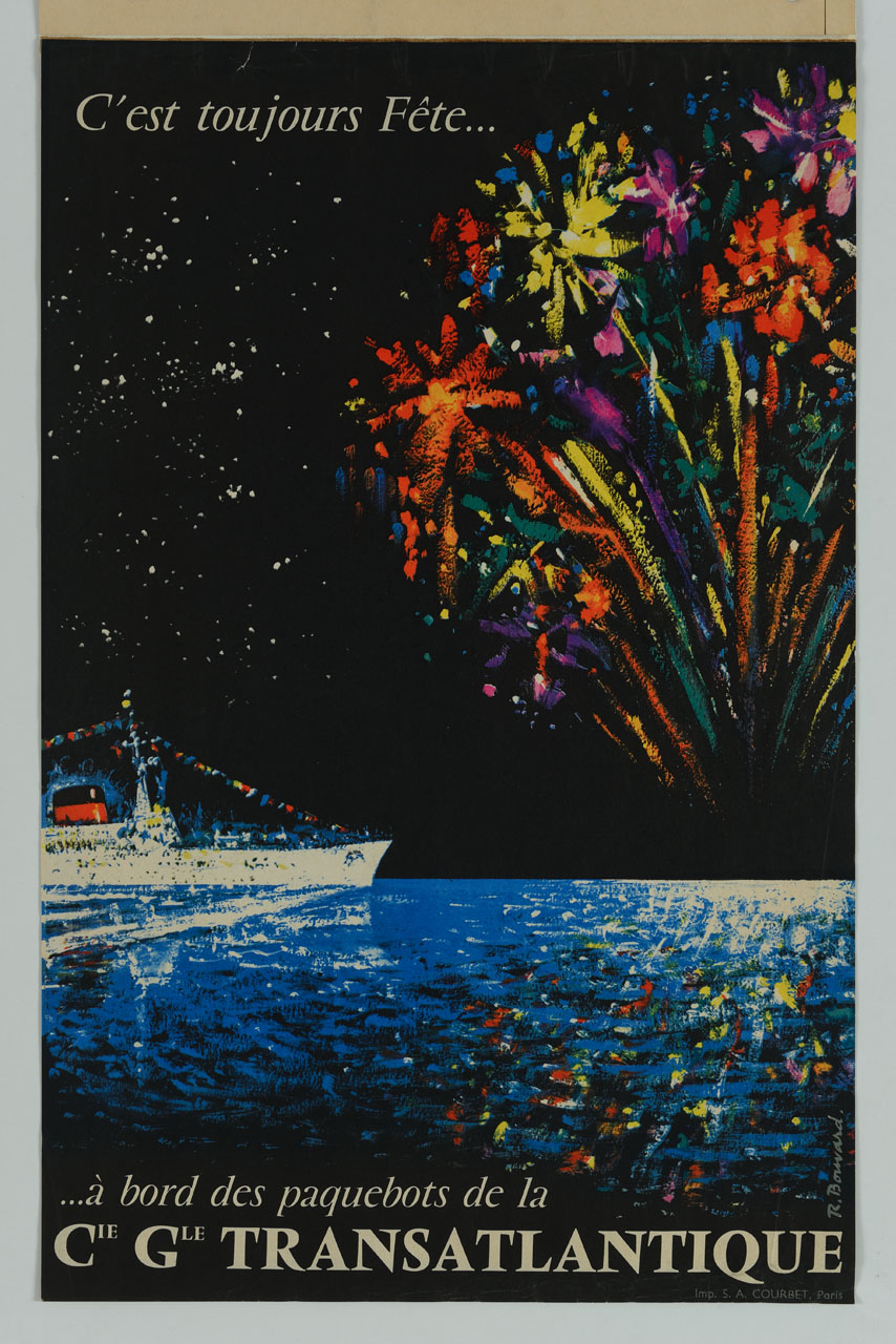 fuochi d'artificio riflessi sull'oceano solcato da un transatlantico (manifesto) di Bouvard René (sec. XX)